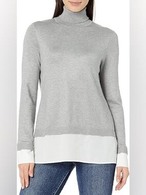 Adrianna Papell Turtleneck Woven Hem Twofer Sweater Pullover Heather Gray Large